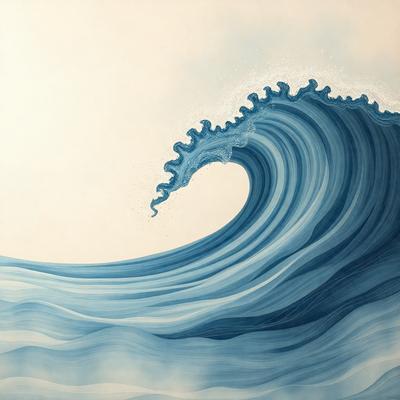 The primary subject of the image is a large, blue wave with white foam. The wave is the main focus of the image, and it is set against a backdrop of a cloudy sky. The visual style of the image is a painting, which gives it a more artistic and detailed appearance. The dominant colors in the image are blue and white, creating a sense of depth and movement in the scene.